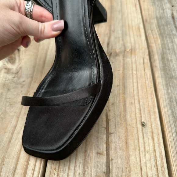 Miss Lola Mina Black Mini Platform Concave Heeled Satin Square Toe 90s Sandals - Picture 8 of 15